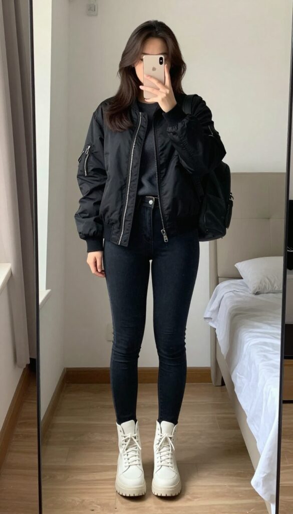 Woman in bomber jacket, crewneck sweater, dark slim jeans, combat boots, and backpack, street-style business casual.