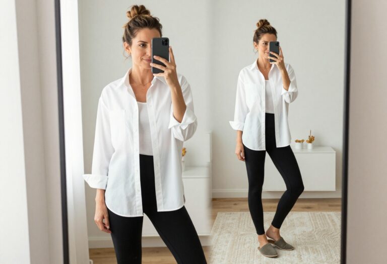 A woman in soft black leggings and an oversized white button-up shirt takes a mirror selfie in a bright, minimal home setting, embodying a comfortable yet stylish stay-at-home mom outfit