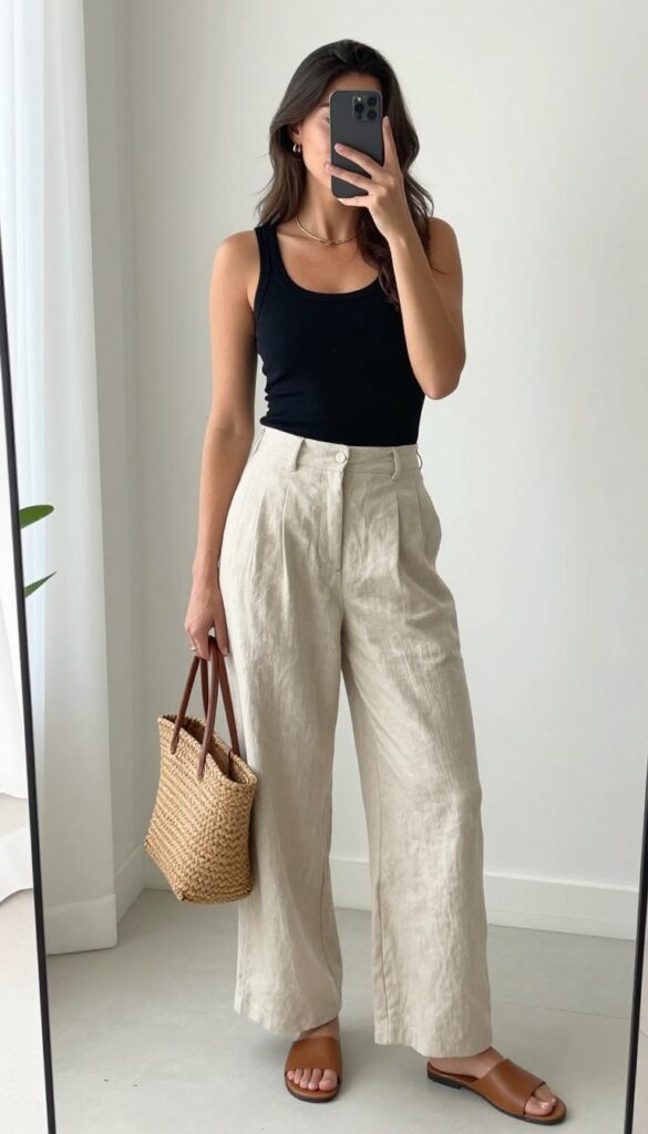 Young mom in wide-leg linen pants and fitted tank top, taking a mirror selfie in a bright room, effortless summer outfit.