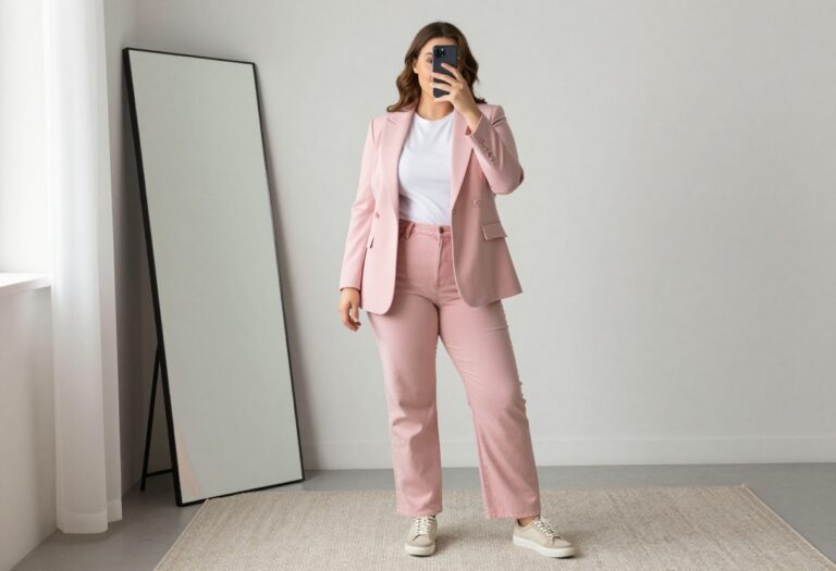 Plus-size woman in soft pink blazer, white tee, and jeans taking a mirror selfie in bright natural light.