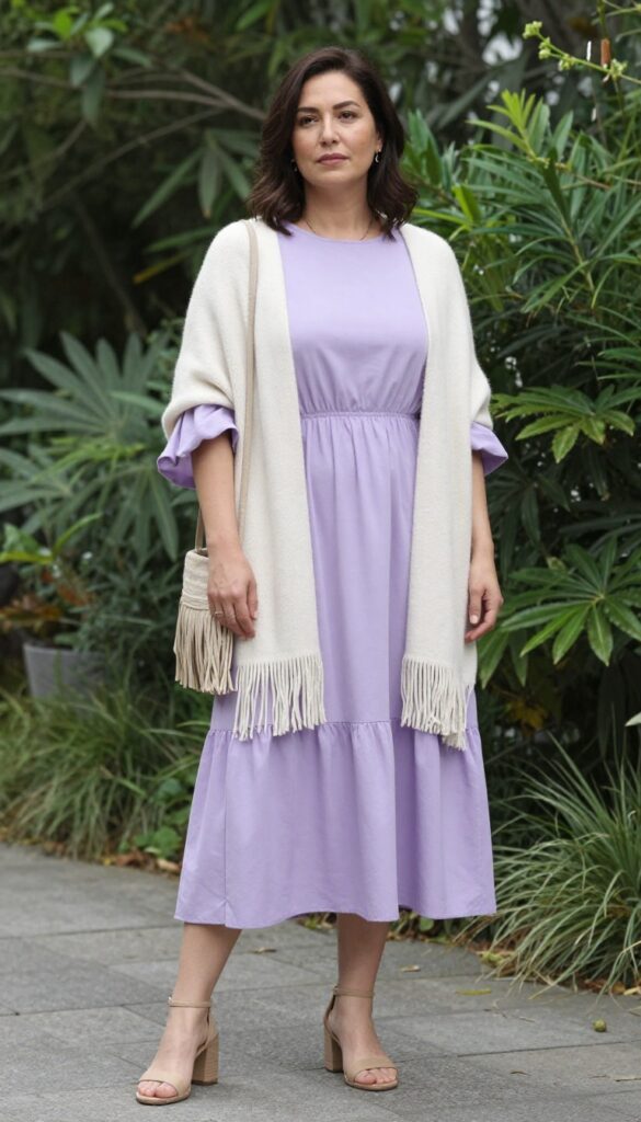Woman in lavender boho dress with cream knit shawl, block-heel sandals, and fringe crossbody bag in garden