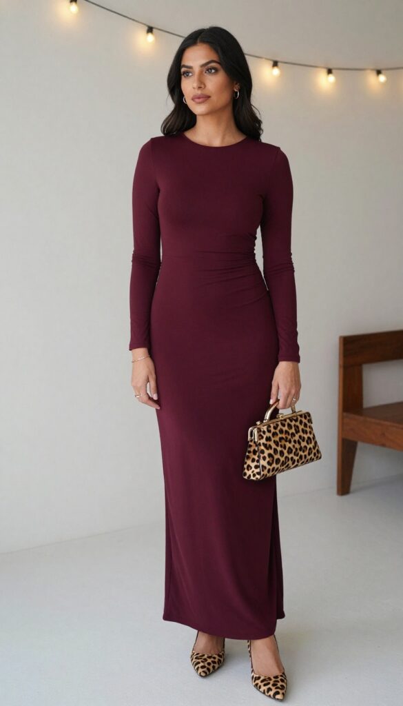 Woman in her 30s with shoulder-length brown hair wearing burgundy maxi dress, leopard print heels and clutch at evening wedding reception with string lights.