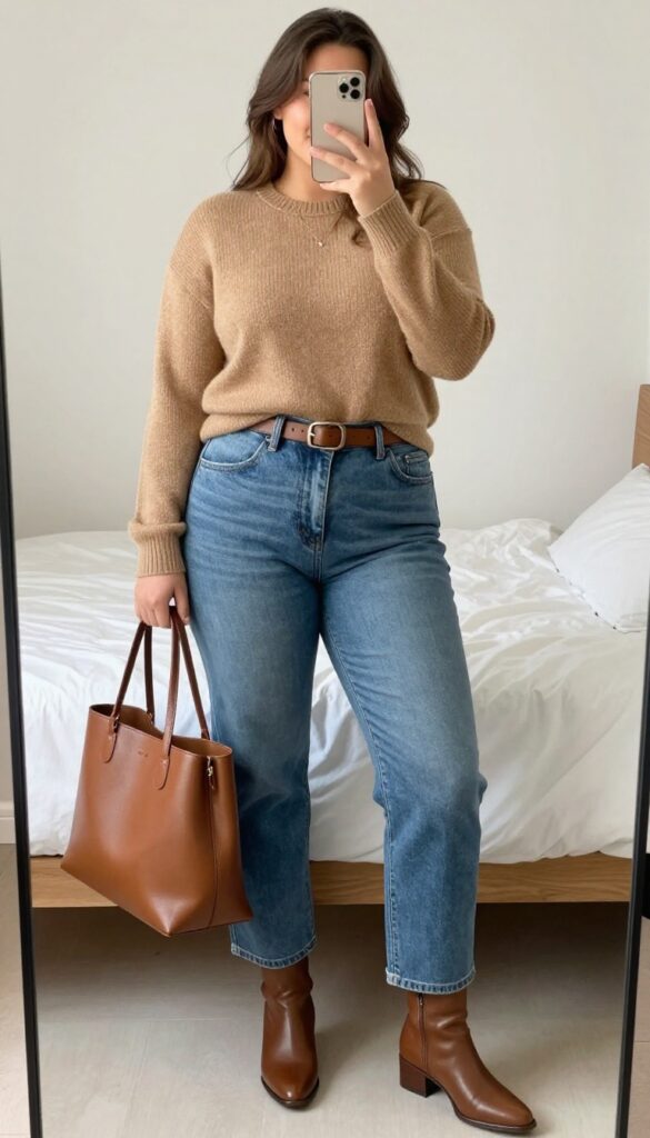 Woman in cashmere sweater and straight-leg jeans, tucking sweater at front, with belt and ankle boots, in a professional yet relaxed setting.