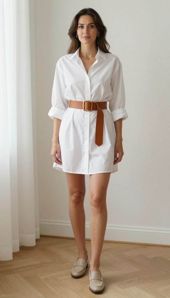 Woman in white shirt dress with wide tan belt and loafers, standing in bright room
