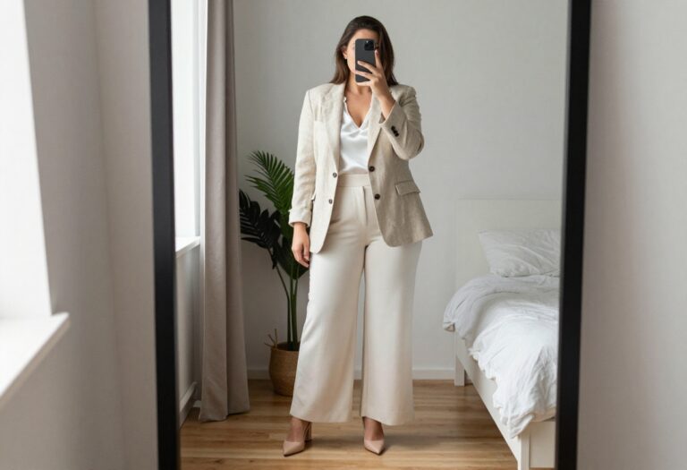 Woman in beige linen blazer and cream wide-leg trousers taking a mirror selfie in a bright bedroom