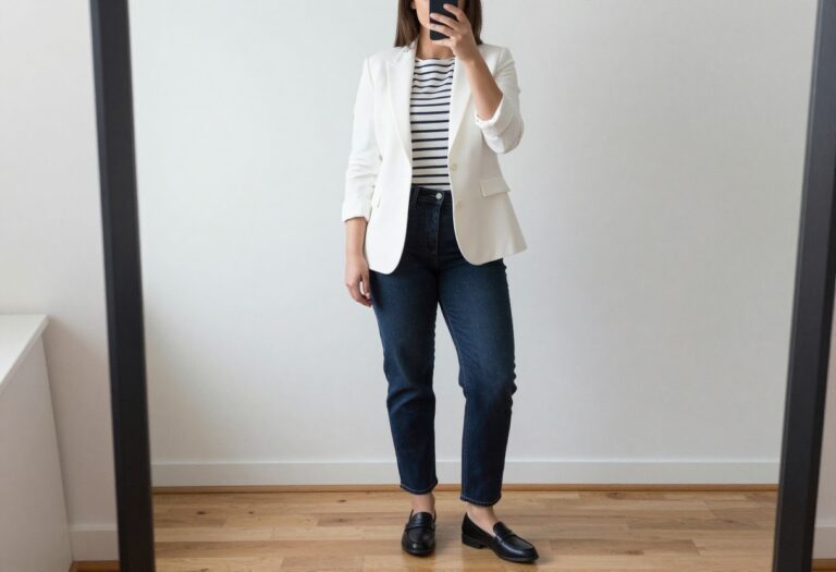 Woman in dark wash jeans and white blazer taking a mirror selfie in bedroom