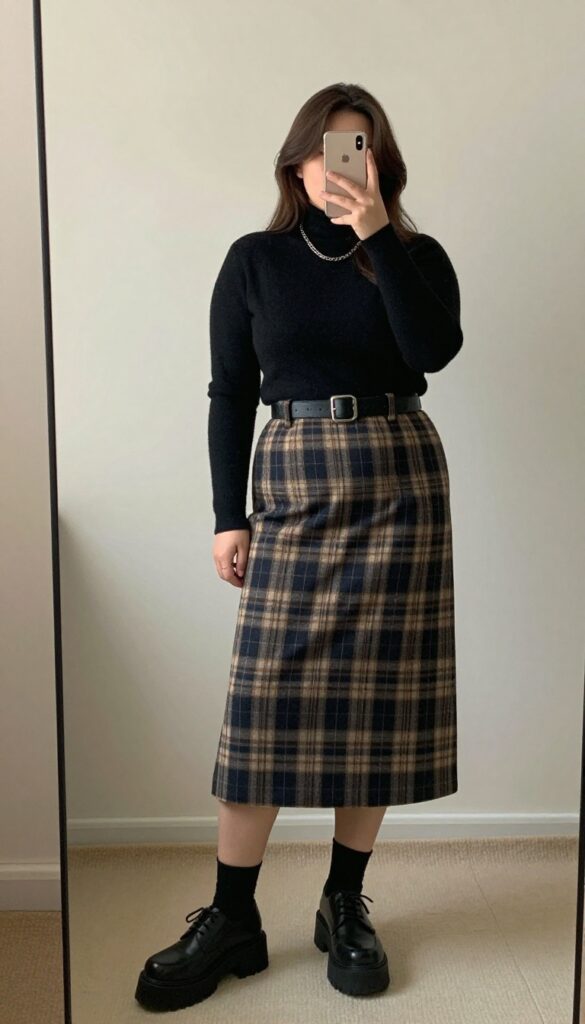 Woman in black cashmere turtleneck and plaid midi skirt with platform oxfords, taking a mirror selfie in bedroom.