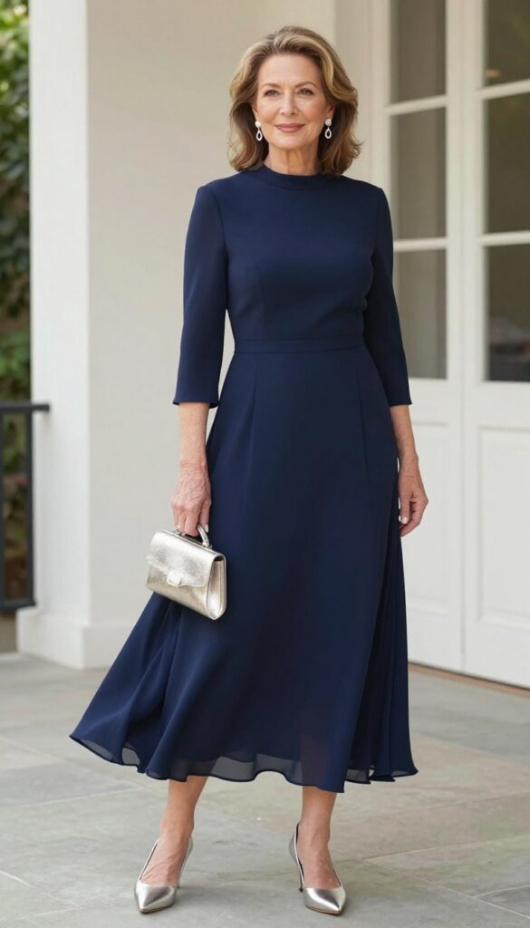 Petite woman over 50 wearing a navy high-low chiffon dress with silver heels and drop earrings in a ballroom.