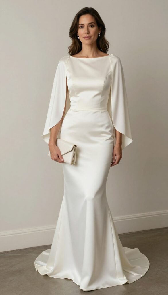 Woman in mermaid one-shoulder wedding dress with fitted ivory satin cape, standing in ballroom with soft lighting, holding clutch