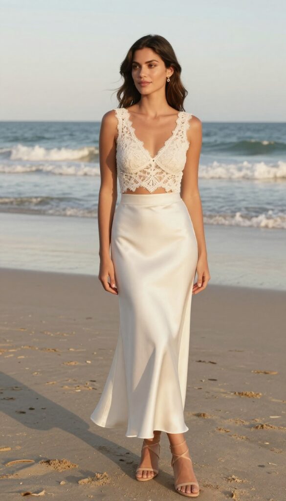 A young woman in a cropped lace top and high-waist satin skirt stands on a sunny beach at golden hour. She wears strappy nude heels and a single gold earring. Natural makeup and soft waves. The ocean is in the background. Romantic and elegant.