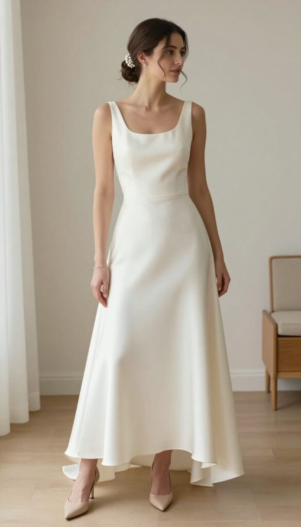 Woman with medium brown hair in low bun wearing pearl hair clip and low-back satin wedding dress, standing with back to camera, looking over shoulder, bright airy room.