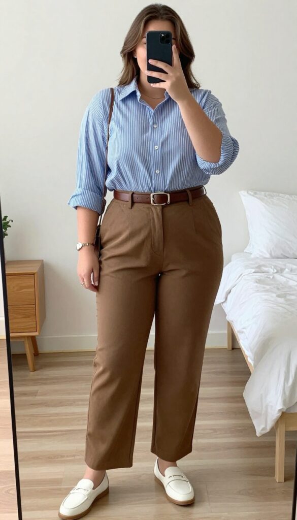 A woman in a blue and white striped button-down shirt and brown trousers takes a mirror selfie, holding a phone to partially cover her face.