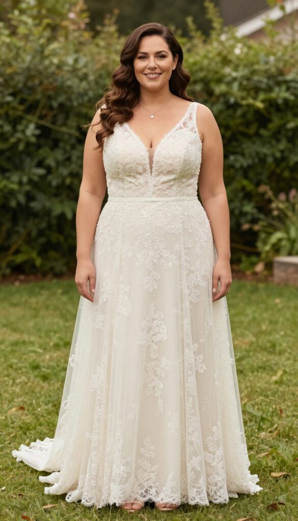 Curvy bride in A-line deep V-neck wedding dress with lace, pendant necklace, loose waves, nude heels, sunlit garden