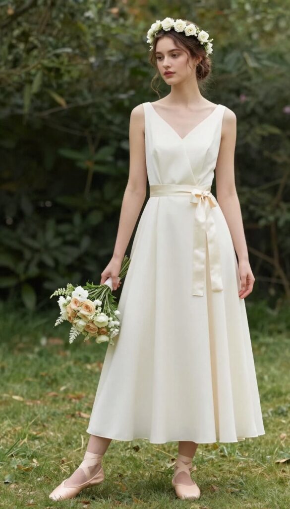 Blush empire waist dress with ribbon sash and ballet flats for a traditional wedding look