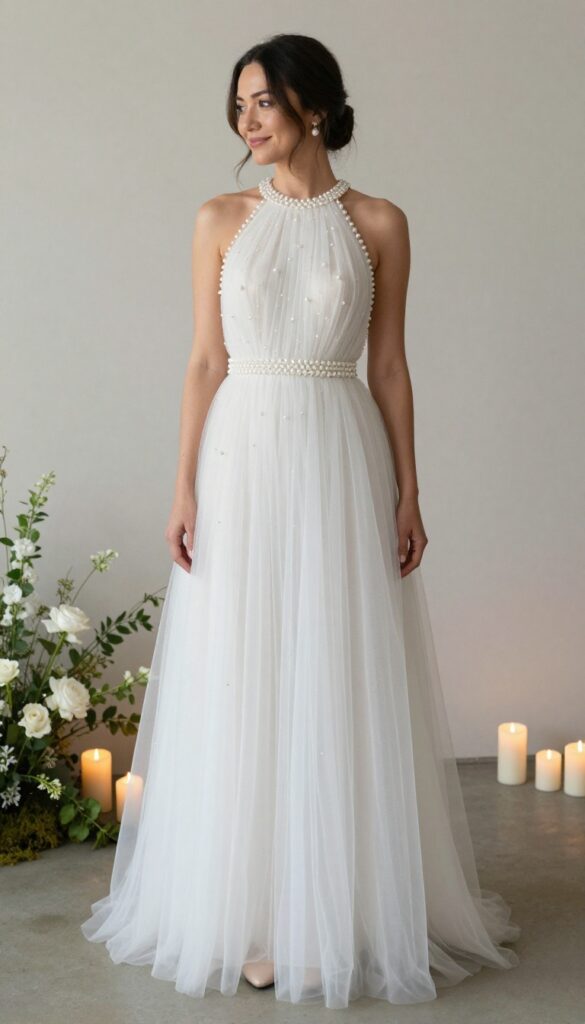Woman in high-neck tulle gown with pearl accents at evening wedding reception