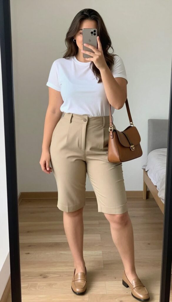Woman in beige tailored shorts and blazer set with white tee, loafers, and crossbody bag, standing in a bright office hallway.
