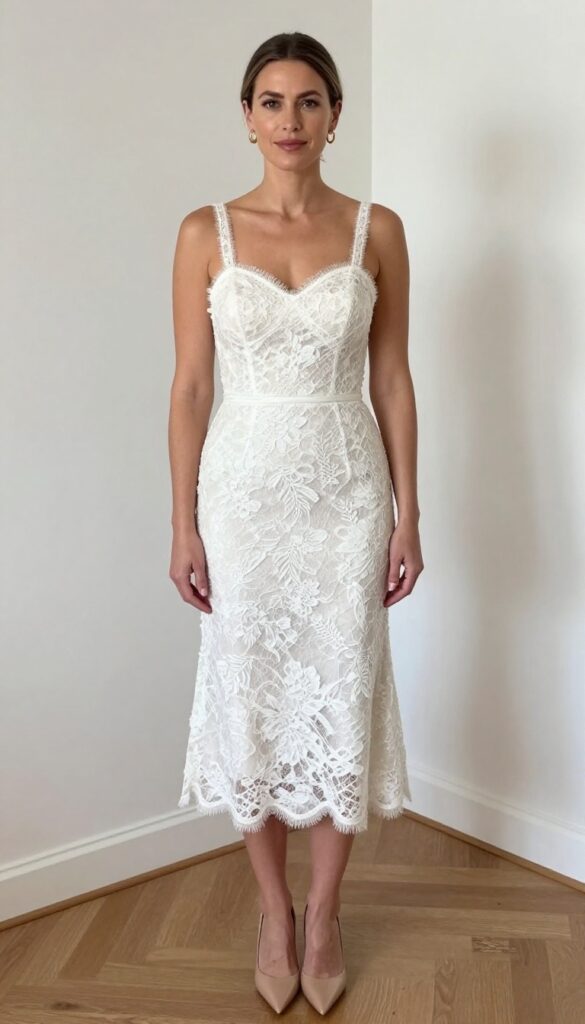 Young adult woman with fair skin and brown hair in a sleek low bun, wearing a white lace wedding dress with thin straps, simple gold hoop earrings, and nude pointed-toe heels, standing in a bright airy room.