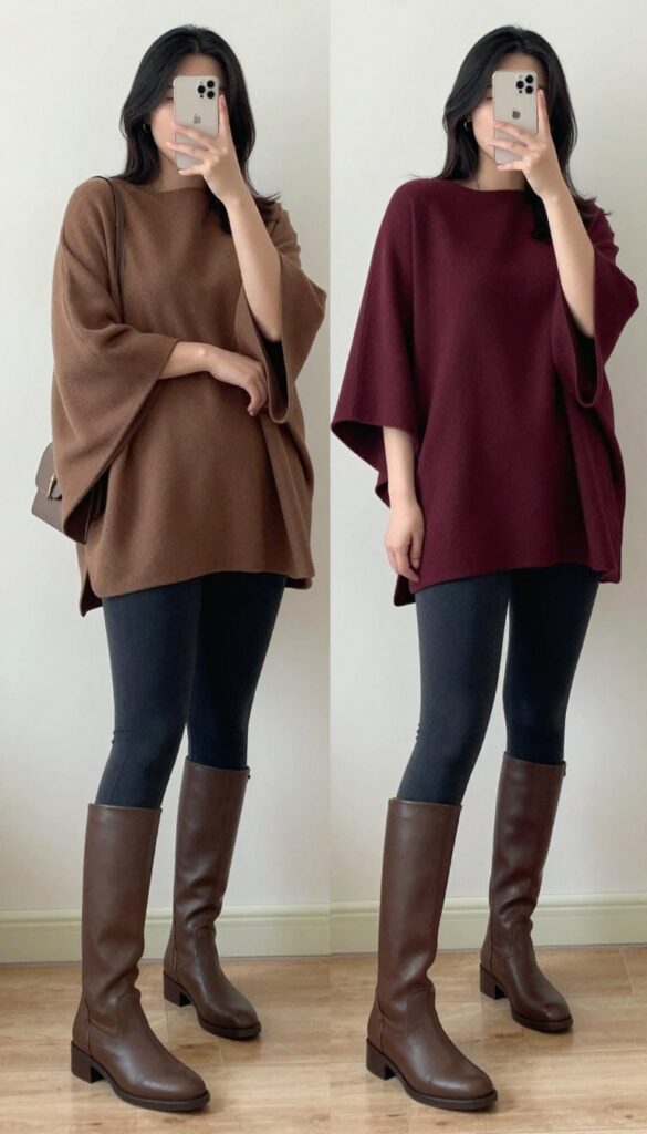 A woman wearing a draped camel poncho over black leggings and tall boots, standing in a casual outdoor setting.