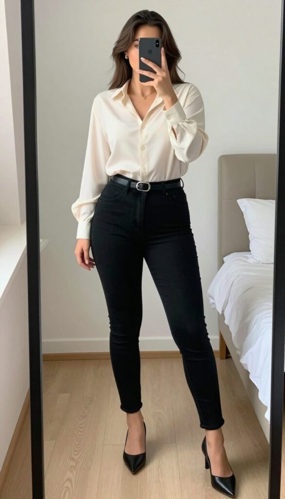 Woman in blush silk blouse and black jeans with pointed flats, taking a mirror selfie in bedroom, phone partially covering face.