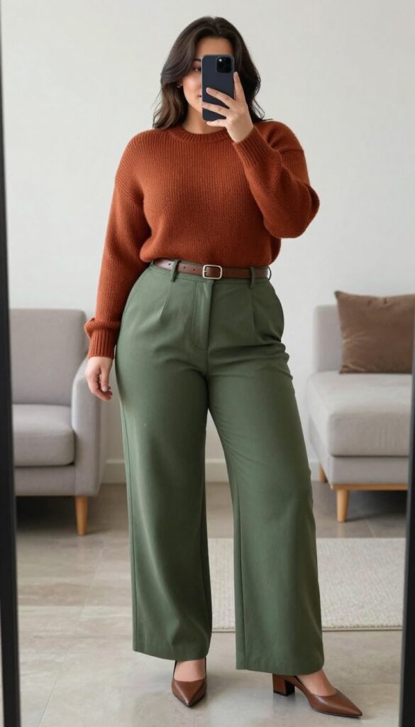 A woman in a fine-knit sweater tucked into wide-leg trousers, standing in a relaxed pose, with pointed-toe flats and a leather belt, in a bright, minimal setting.