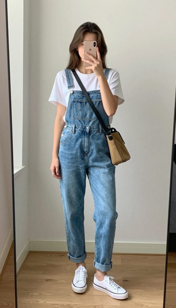 A teenage girl takes a mirror selfie wearing light blue denim overalls cuffed at the hem, a plain white t-shirt, and white slip-on sneakers. She holds a phone partially covering her face, in a bright, clean room with a full-length mirror.