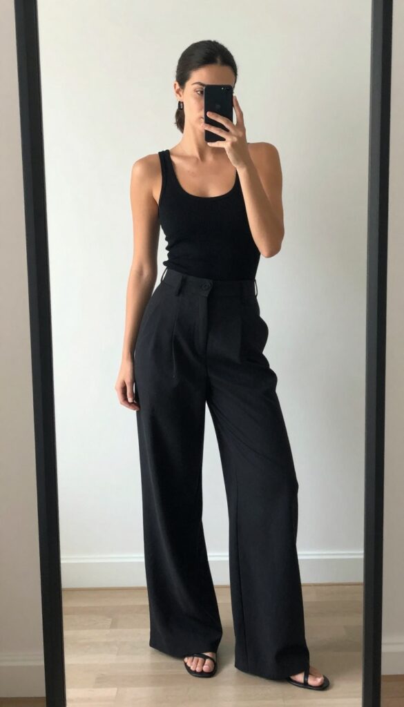 Woman in black tank top and wide-leg trousers taking a mirror selfie, showcasing a chic summer outfit.