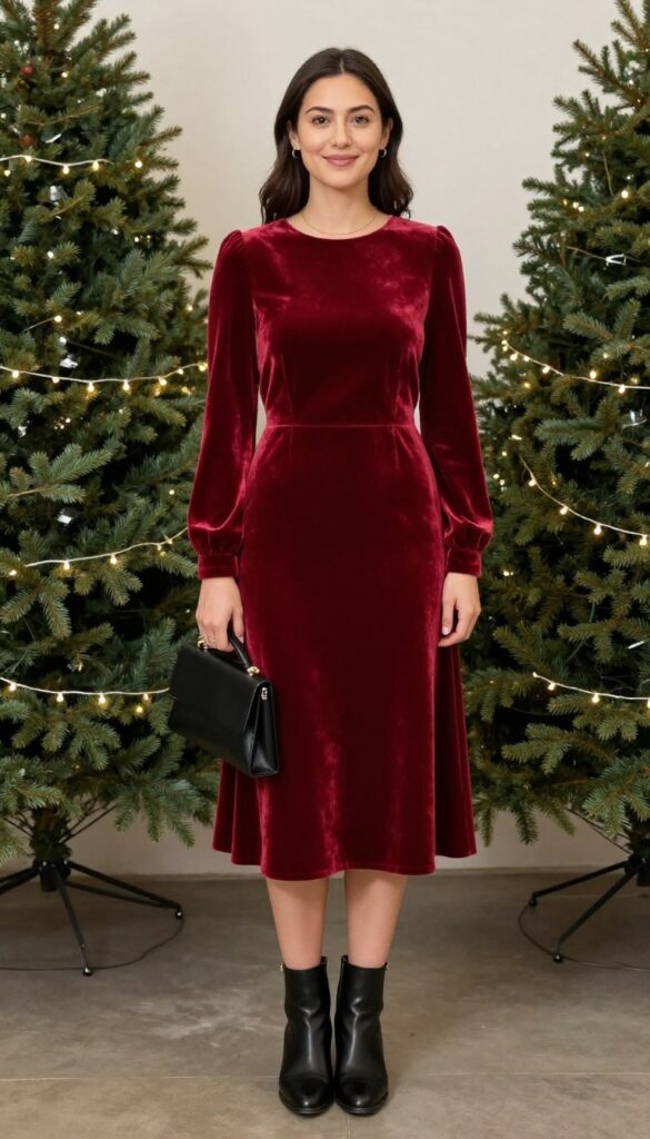 Woman in deep red velvet midi dress with long sleeves, black ankle boots, and black clutch at winter wedding venue with fairy lights