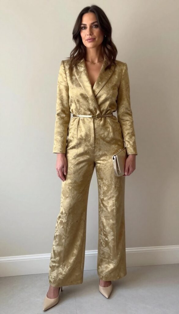 Woman in brocade jumpsuit with belt and pointed-toe pumps at wedding reception