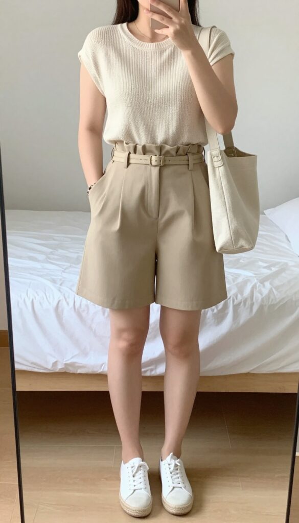 Woman in paperbag waist shorts and knit top, front-tucked, with espadrille wedges and canvas crossbody bag, standing in a bright office or cafe.