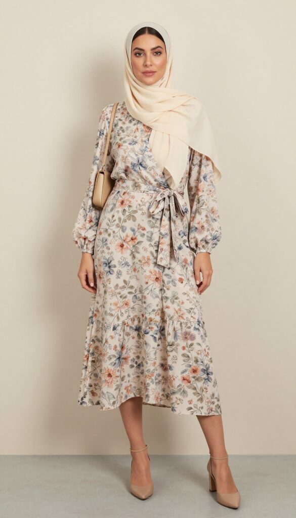 Young adult Muslim woman in floral wrap dress with bow belt, cream hijab, nude heels, gold crossbody bag, standing in garden.