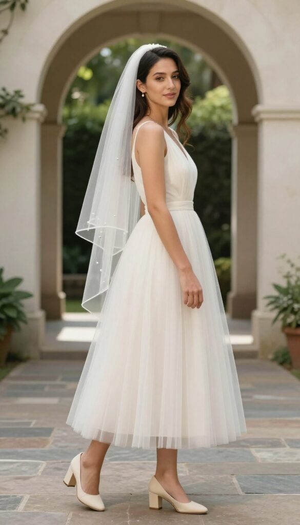 Bride in soft tulle A-line wedding dress with cathedral-length veil, standing in sunlit garden with archway, natural proportions, elegant relaxed pose.
