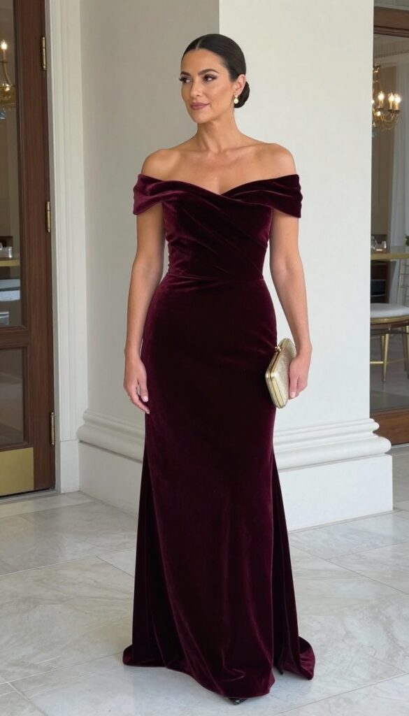 Woman in off-shoulder burgundy velvet gown with train, gold earrings, metallic clutch, in grand ballroom