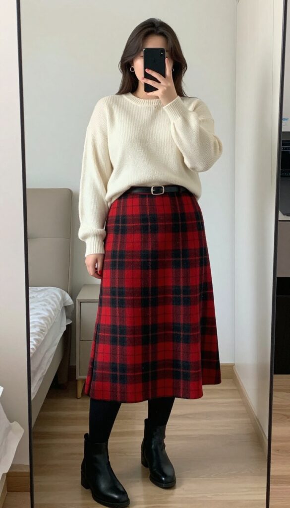 Woman in ivory sweater and red plaid midi skirt with black tights and ankle boots, festive business casual outfit.