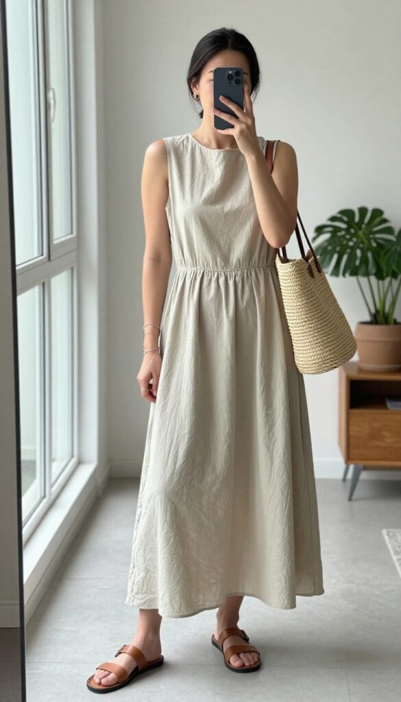 Mom in flowy maxi dress with flat sandals and straw tote, taking a mirror selfie in bright natural light.