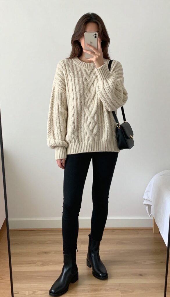 Woman in oversized cream sweater, black skinny jeans, and leather boots taking a mirror selfie for a casual western outfit idea.