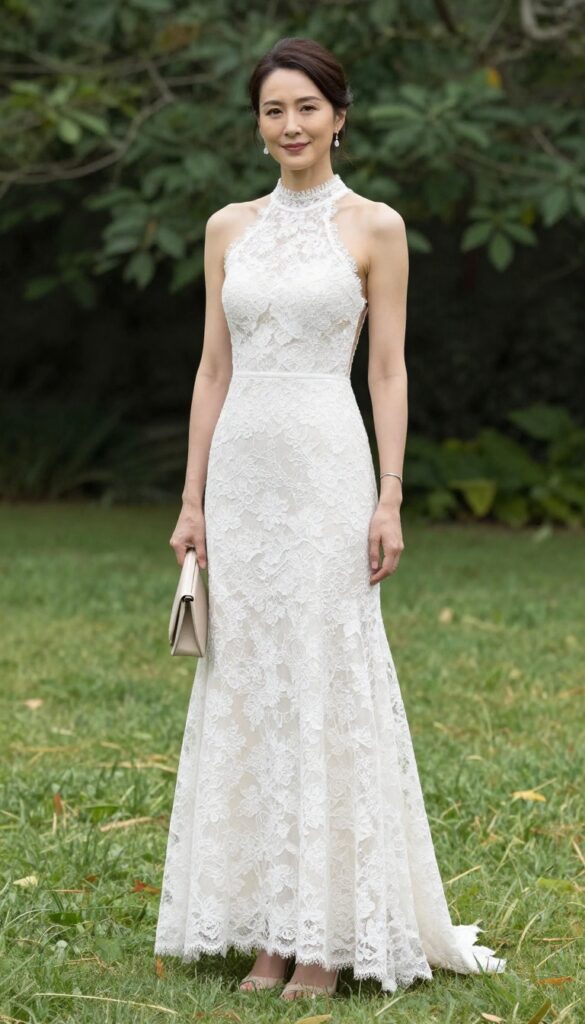 Woman in high-neck lace gown with open back at garden wedding