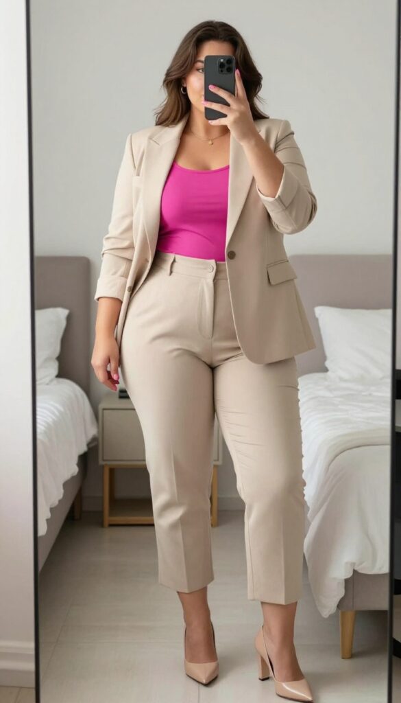 Young woman in fuchsia shell top, beige blazer, and cropped pants, posing in a bright office setting.