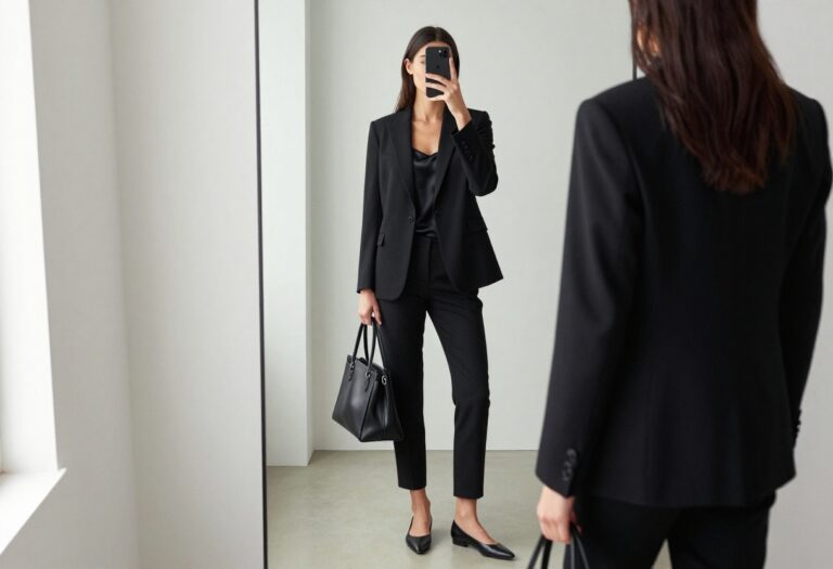 Woman in all-black business casual outfit taking a mirror selfie, wearing a tailored blazer, slim pants, and flats, with bright natural lighting.