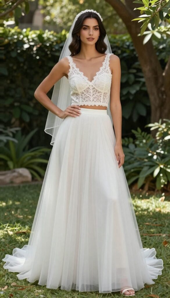 Two-piece wedding dress with lace crop top and tulle skirt, shoulder-length veil, garden setting