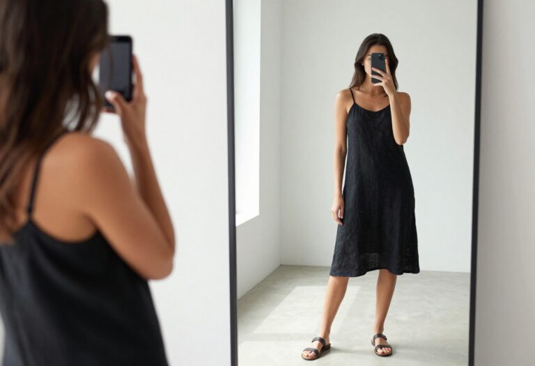 Woman in black linen dress and sandals taking a mirror selfie in bright natural light, dark feminine summer outfit