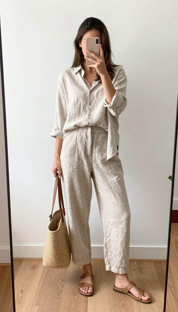 A woman taking a mirror selfie in a relaxed beige linen two-piece set, with a tucked-in button-up shirt and wide-leg pants, minimal sandals, and a straw bag, in a bright, airy room.