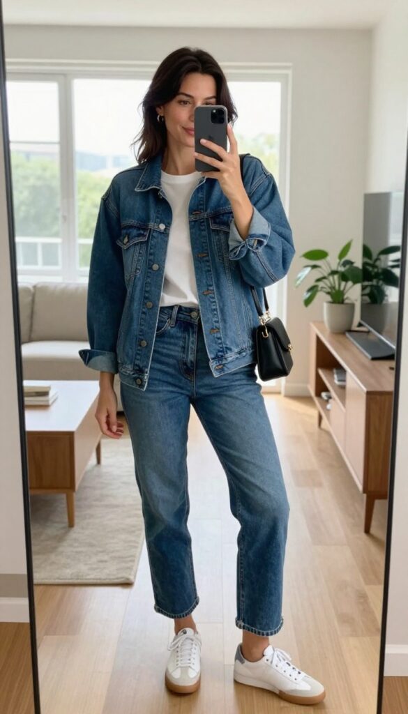 Woman in denim jacket, white tee, and jeans taking a mirror selfie, showcasing a simple mom outfit with sneakers and crossbody bag.