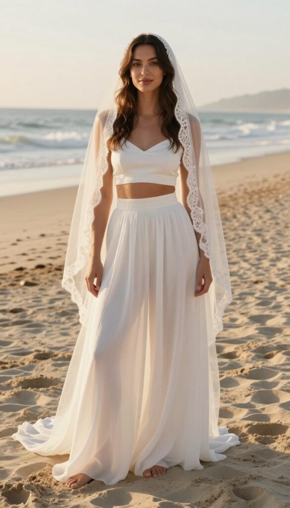 A young woman with a natural body type wearing a white crop top and high-waisted flowy skirt with a double-layer veil, standing barefoot on a sandy beach at sunset, laughing, with soft waves and golden light.