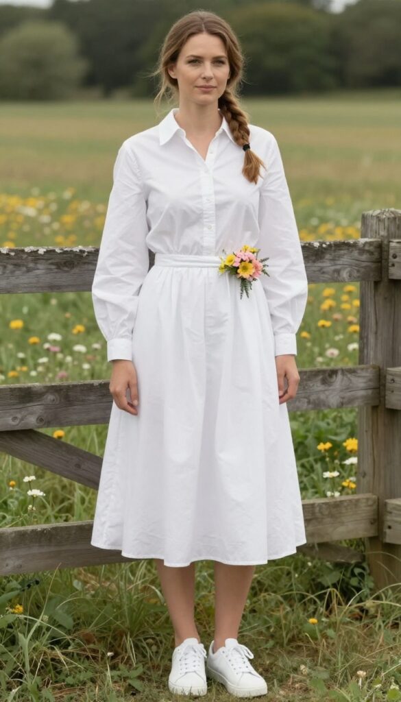 Woman in white shirt dress with floral corsage at rustic barn wedding