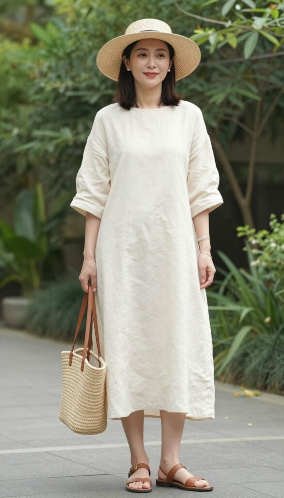 Woman in cream linen boatneck dress and wide-brim straw hat at garden wedding
