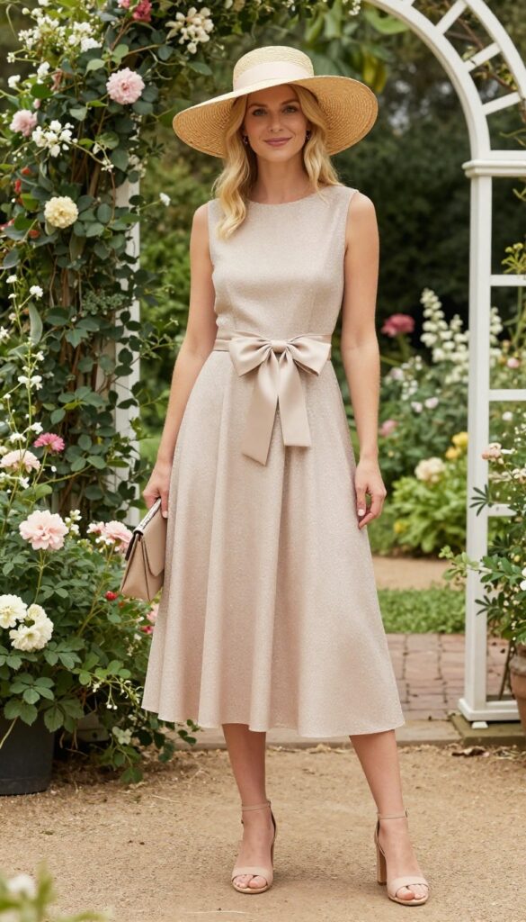 Woman in champagne glitter A-line dress with bow, wide-brim hat, and nude block heels in garden