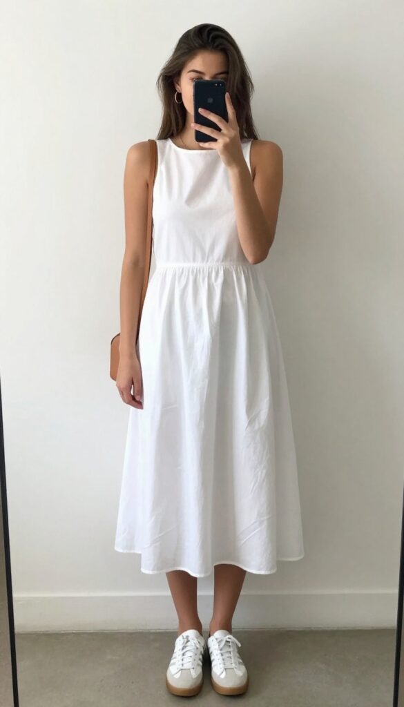 Woman in white sundress and sneakers taking a mirror selfie, casual summer outfit idea.