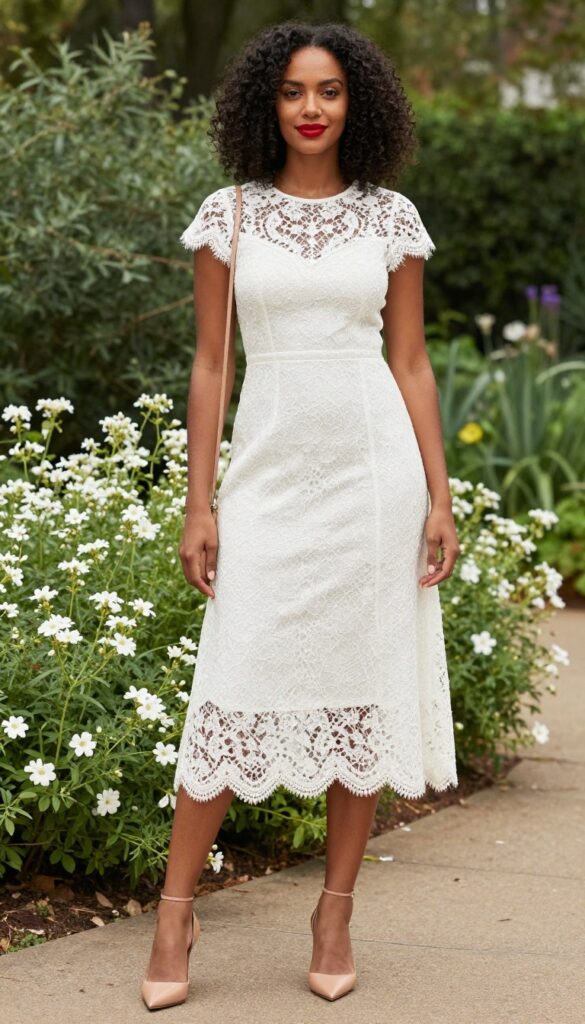 Dark-skinned woman in white lace midi dress with red lip in garden