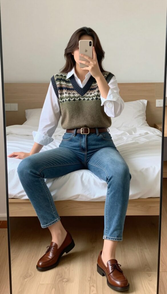 A woman in a sweater vest and button-down shirt with slim jeans, posing in a mirror selfie in a bedroom, phone partially covering her face.