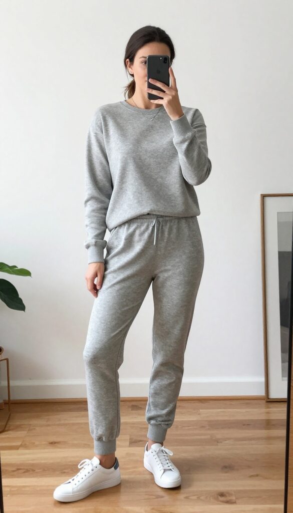 Woman in a matching heather grey sweatshirt and jogger set, taking a mirror selfie in a bright modern living room. She wears white sneakers and minimal accessories, with a relaxed but put-together look.